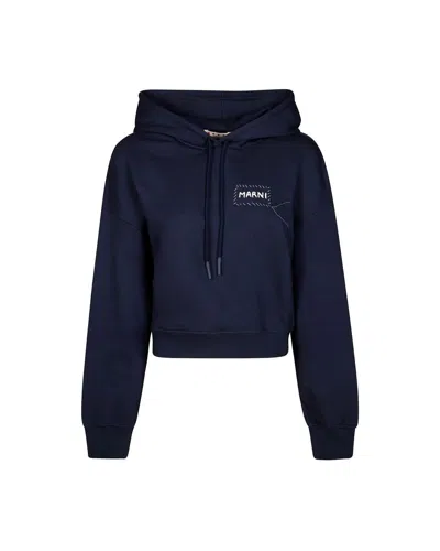 Marni Cropped Hoodie In Deep Navy With Distinctive Patch