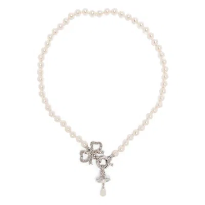 Vivienne Westwood Rigoberta Pearl Necklace Platinum-crystal-velvet-crystal-creamrose-pearl Platinum-crystal-velvet-cry In Metallic