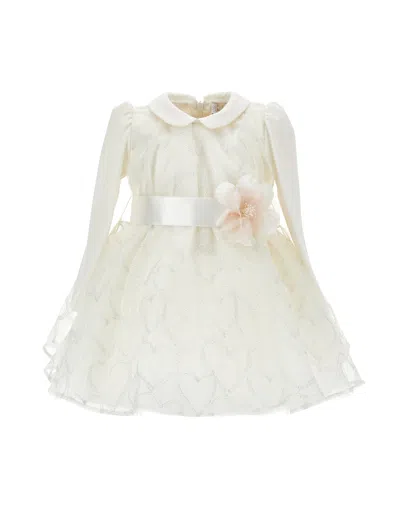 Monnalisa Tulle Glitter-heart Appliqué Dress In Neutral