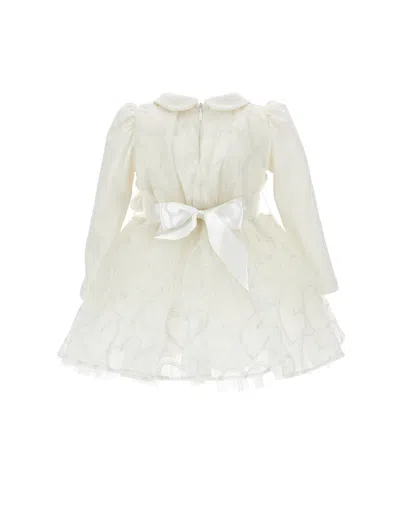 Monnalisa Tulle Glitter-heart Appliqué Dress In Neutral