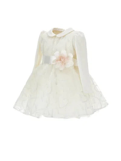 Monnalisa Tulle Glitter-heart Appliqué Dress In Neutral