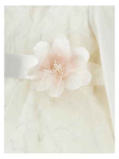 Monnalisa Tulle Glitter-heart Appliqué Dress In Neutral