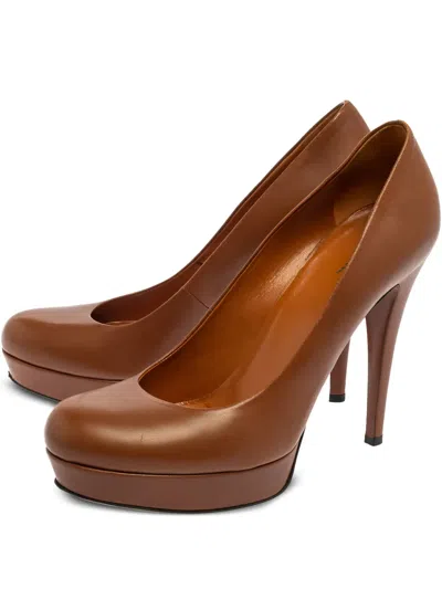 Pre-owned Gucci 115mm Platform Leather Pumps In Brown