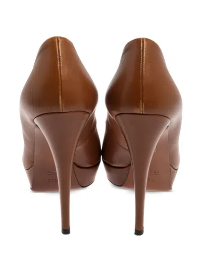 Pre-owned Gucci 115mm Platform Leather Pumps In Brown