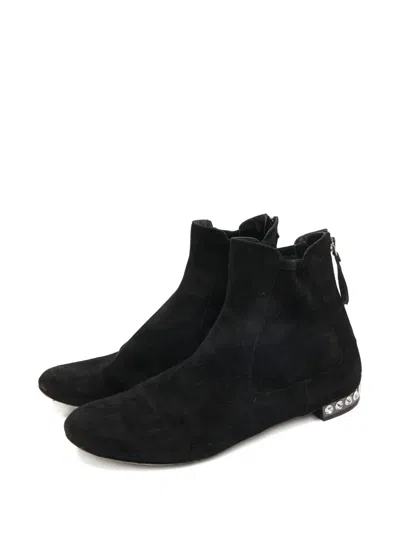 Pre-owned Miu Miu Suede Crystal-embellished Boots In Black