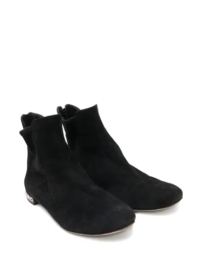 Pre-owned Miu Miu Suede Crystal-embellished Boots In Black
