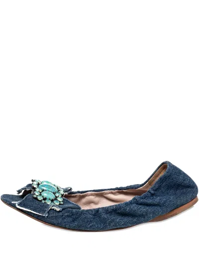 Pre-owned Miu Miu Denim Crystal-bow Flats