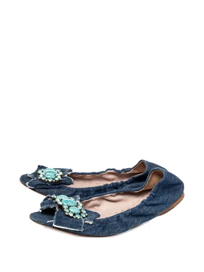 Pre-owned Miu Miu Denim Crystal-bow Flats