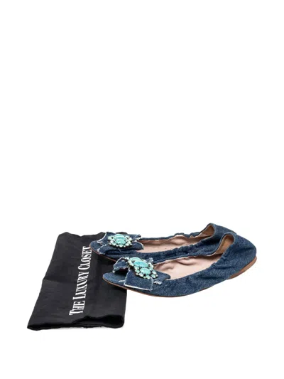 Pre-owned Miu Miu Denim Crystal-bow Flats