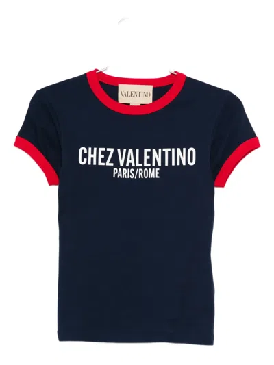 Valentino Crewneck Short Sleeves Contrast Trim Tops In Blue