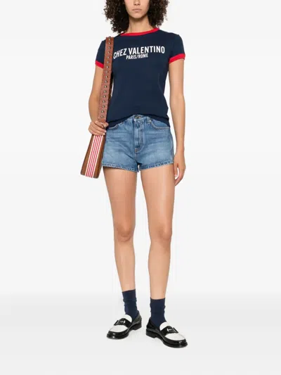 Valentino Crewneck Short Sleeves Contrast Trim Tops In Blue