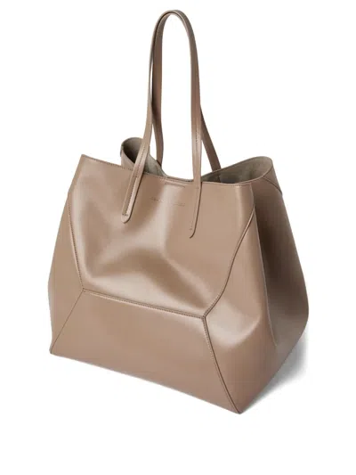 Brunello Cucinelli Beige Tote Bag With Logo Lettering On The Front And Geometric Panels Design In Leather Woman