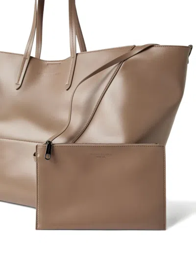Brunello Cucinelli Beige Tote Bag With Logo Lettering On The Front And Geometric Panels Design In Leather Woman