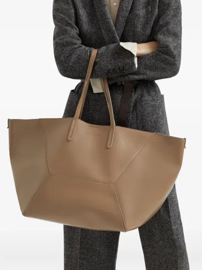 Brunello Cucinelli Beige Tote Bag With Logo Lettering On The Front And Geometric Panels Design In Leather Woman