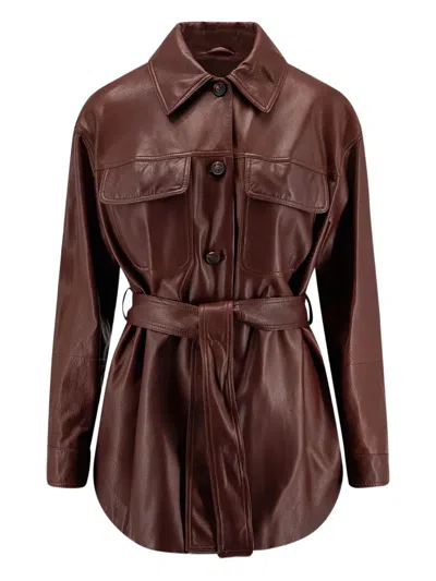 Brunello Cucinelli Leather Jacket Belted Waist In Brown