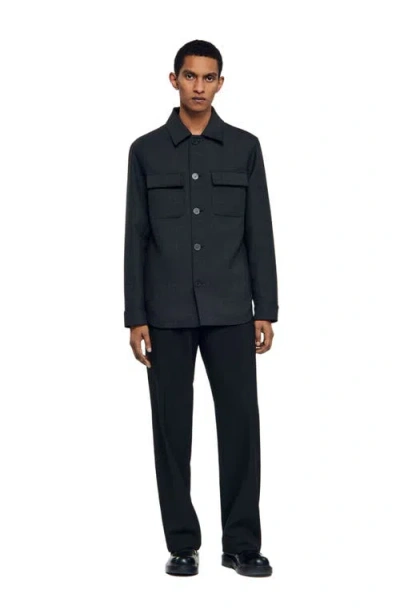 Sandro Wool Overshirt With Pockets In Blue