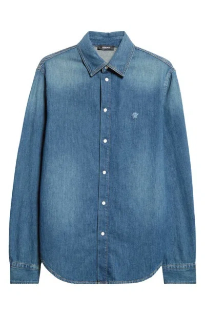 Versace Medusa Patch Denim Snap-up Shirt In Blue