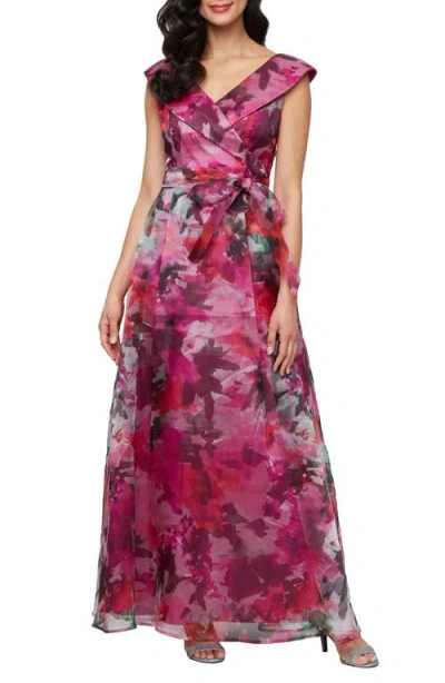 Alex Evenings Printed V-neck Long A-line Gown In Pink