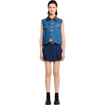 Sandro Womens Blue Jean Contrast-collar Button-down Sleeveless Denim Jacket