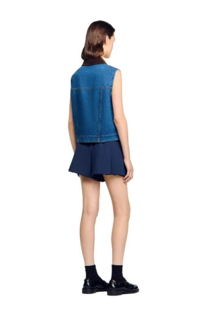 Sandro Womens Blue Jean Contrast-collar Button-down Sleeveless Denim Jacket