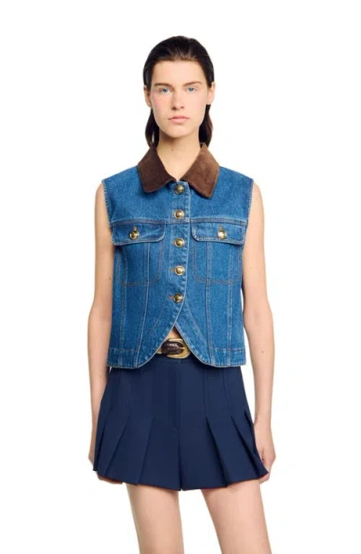 Sandro Womens Blue Jean Contrast-collar Button-down Sleeveless Denim Jacket