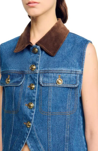 Sandro Womens Blue Jean Contrast-collar Button-down Sleeveless Denim Jacket