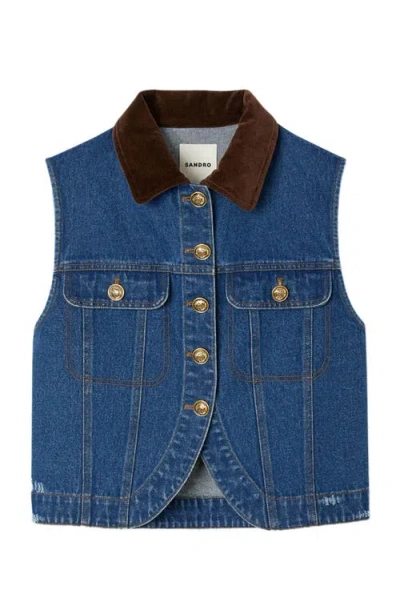 Sandro Womens Blue Jean Contrast-collar Button-down Sleeveless Denim Jacket
