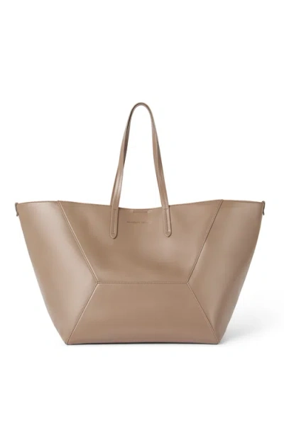Brunello Cucinelli Beige Tote Bag With Logo Lettering On The Front And Geometric Panels Design In Leather Woman
