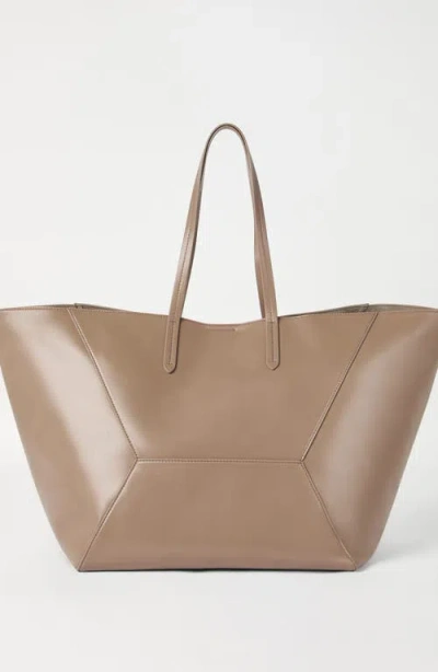 Brunello Cucinelli Beige Tote Bag With Logo Lettering On The Front And Geometric Panels Design In Leather Woman