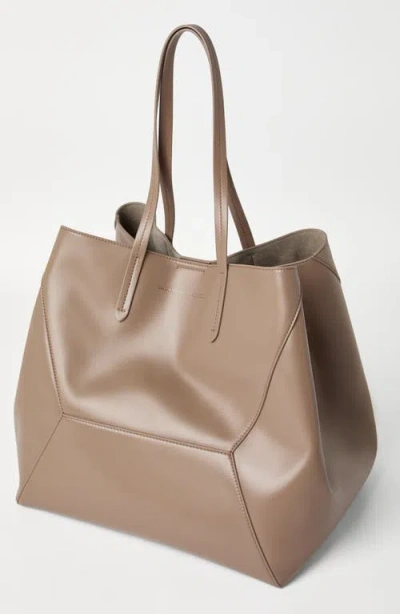 Brunello Cucinelli Beige Tote Bag With Logo Lettering On The Front And Geometric Panels Design In Leather Woman