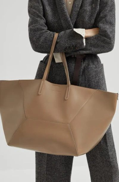 Brunello Cucinelli Beige Tote Bag With Logo Lettering On The Front And Geometric Panels Design In Leather Woman