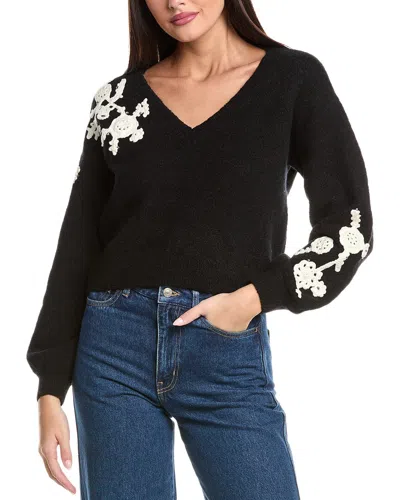 Cinq À Sept Dana Floral Crochet Wool-blend Sweater In Black