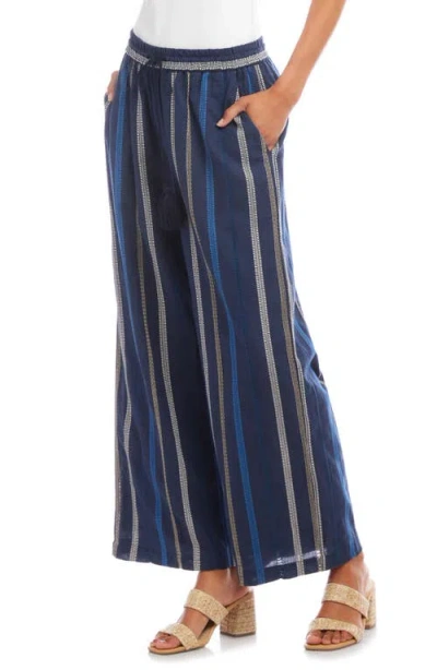 Karen Kane Embroidered Cropped Drawstring Pants In Blue Multi-stripe In Blue