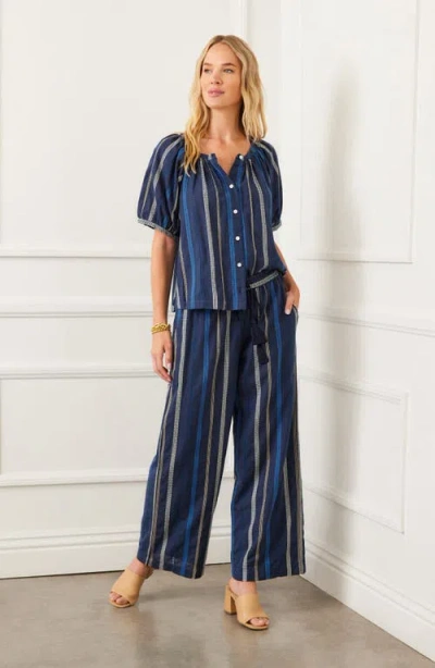 Karen Kane Embroidered Cropped Drawstring Pants In Blue Multi-stripe In Blue