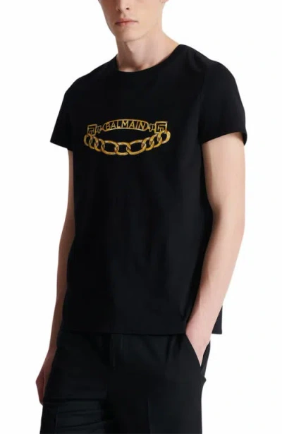 Balmain Black Crewneck T-shirt With Logo Print On The Front In Cotton Man