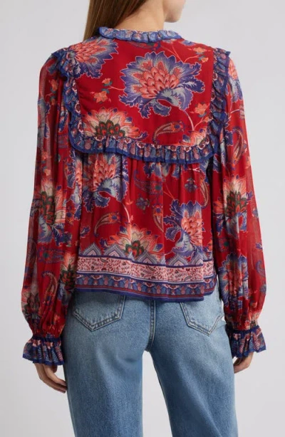 Farm Rio Luang Long Sleeve Popover Top In Red