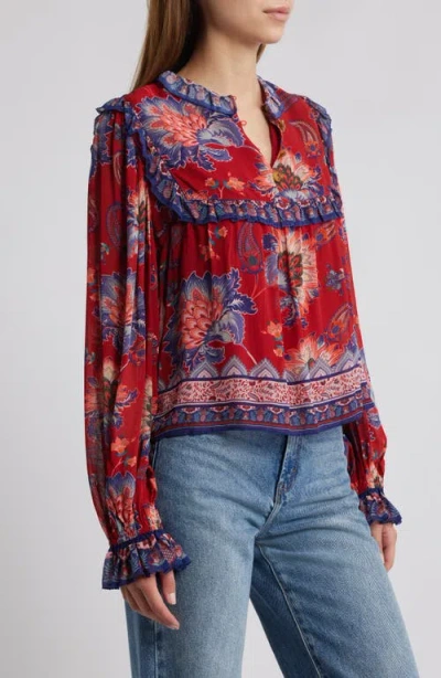 Farm Rio Luang Long Sleeve Popover Top In Red