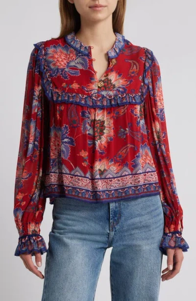 Farm Rio Luang Long Sleeve Popover Top In Red