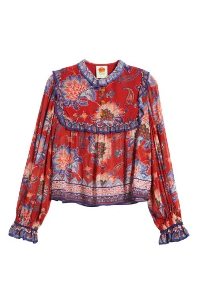Farm Rio Luang Long Sleeve Popover Top In Red