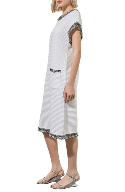 Ming Wang Modern Fit Fringe Trim Tweed Dress In White