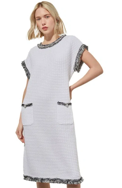 Ming Wang Modern Fit Fringe Trim Tweed Dress In White