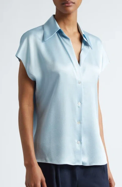 Vince Cap Sleeve Gathered Back Short Sleeve Silk Button-up Shirt In Blue