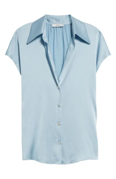 Vince Cap Sleeve Gathered Back Short Sleeve Silk Button-up Shirt In Blue