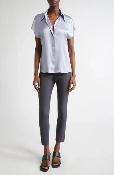 Vince Cap Sleeve Gathered Back Short Sleeve Silk Button-up Shirt In Gray