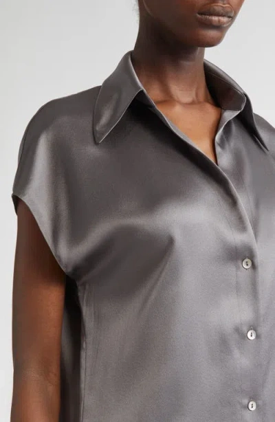 Vince Cap Sleeve Gathered Back Short Sleeve Silk Button-up Shirt In Gray