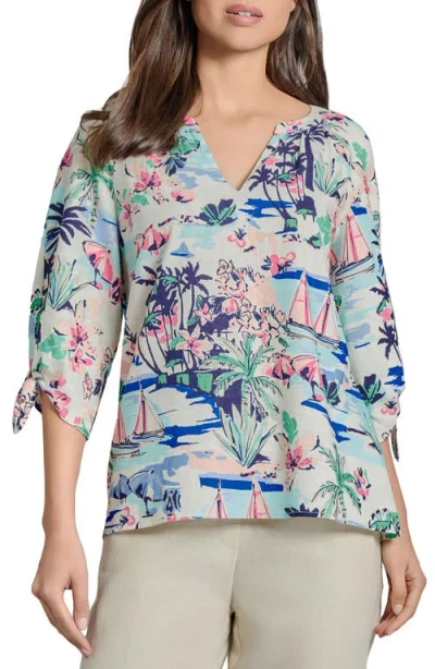 Jones New York Beach Print Tie Sleeve Linen Blend Top In Blue
