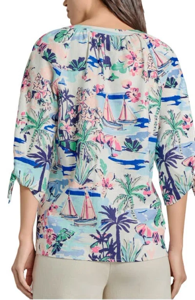 Jones New York Beach Print Tie Sleeve Linen Blend Top In Blue