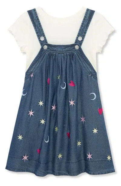 Peek Aren't You Curious Kids' Celestial Embroidered Pinafore & T-shirt Set In Blue