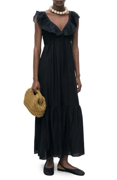 Mango V Neck Tiered Maxi Dress In Black
