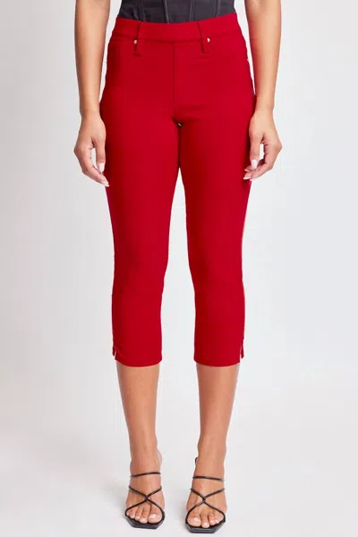 Ymi Hyperstretch Pull On Capri With Side Slit In Red In Red